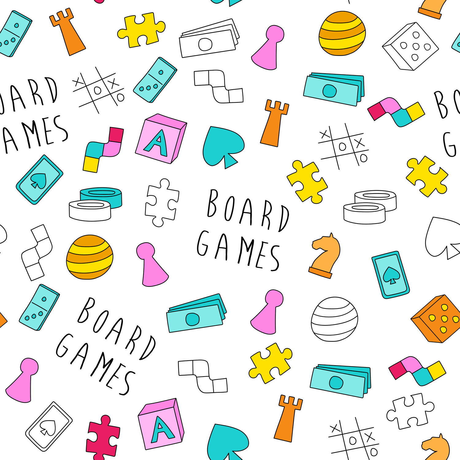 Board Game Themed Seamless Pattern. Colorful Cartoon Game Pieces, Playing Cards